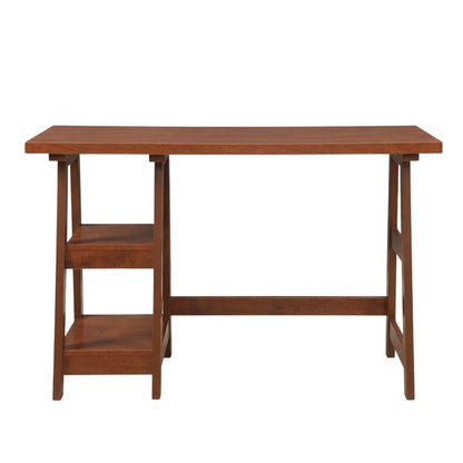 Rustic Wooden Trestle Desk With Shelves And Melamine Overlay For Home Office