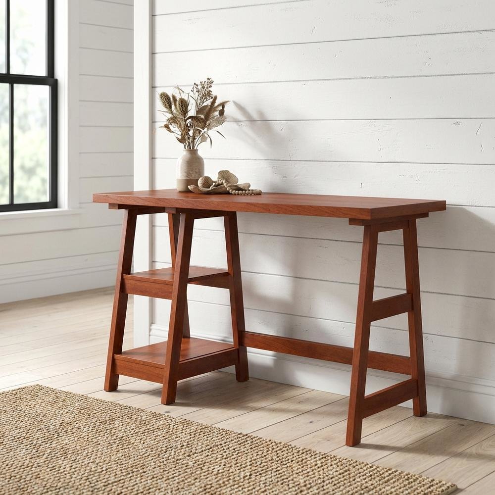 Rustic Wooden Trestle Desk With Shelves And Melamine Overlay For Home Office