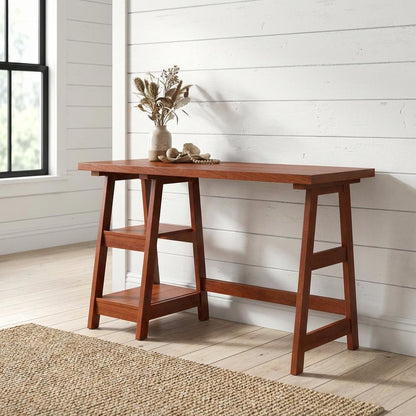 Rustic Wooden Trestle Desk With Shelves And Melamine Overlay For Home Office