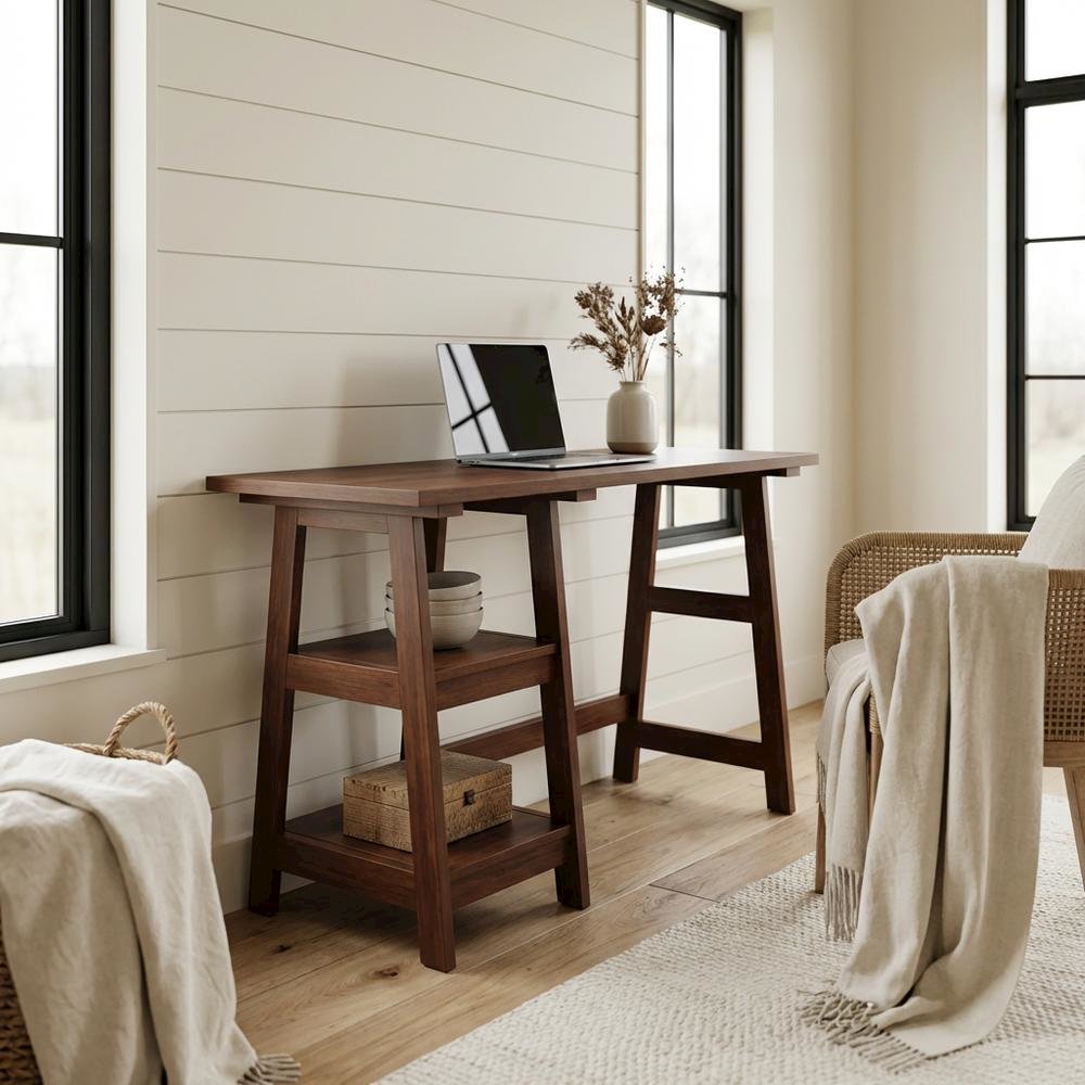 Rustic Wooden Trestle Desk With Shelves And Melamine Overlay For Home Office