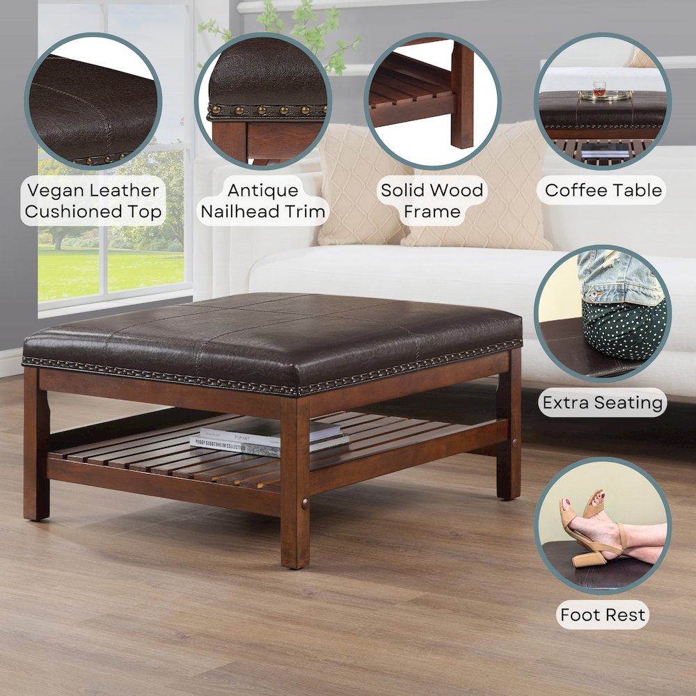 Designs4Comfort Silverton Coffee Table Cocktail Ottoman with Storage Shelf