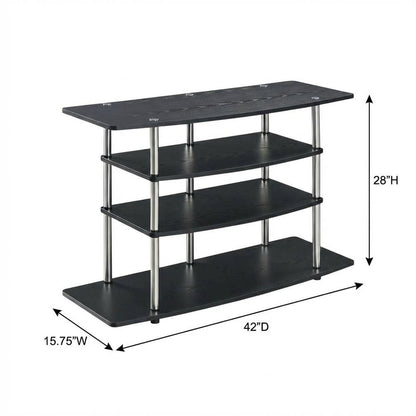 Black No Tools Wide Highboy TV Stand, Particle Board Shelves, Steel Poles