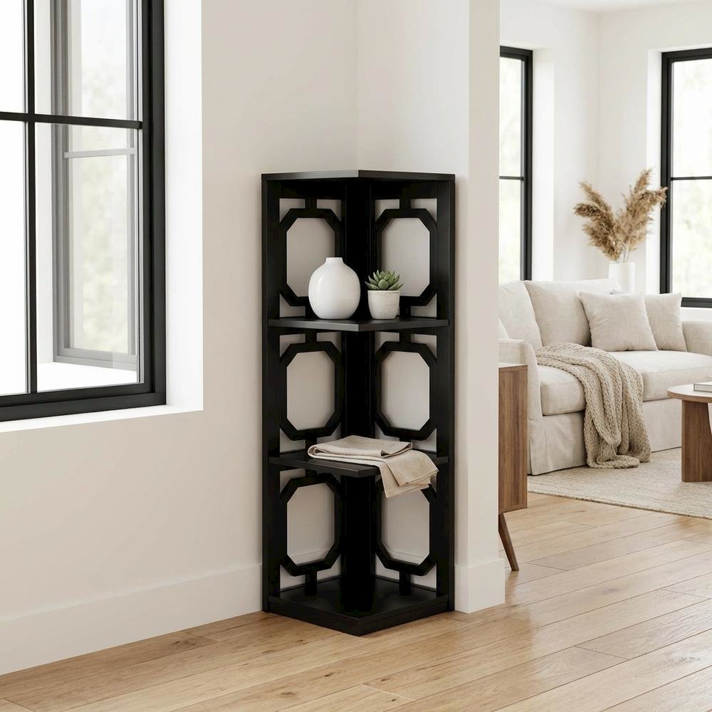 Black 3-Tier Corner Bookcase with Space-Saving Design and Durable Finish