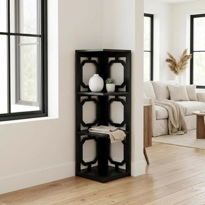 Black 3-Tier Corner Bookcase with Space-Saving Design and Durable Finish