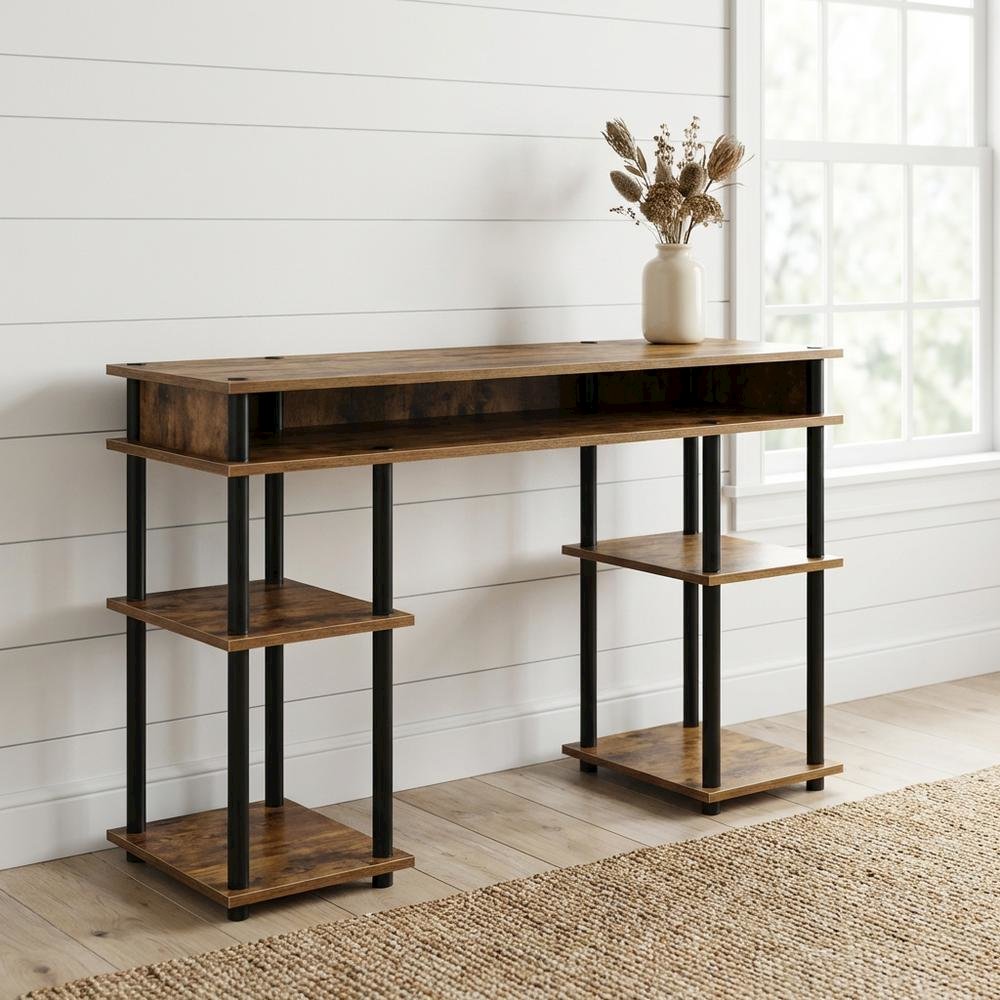 Wooden Student Desk, Shelves, Barnwood Finish, Melamine Surface, Steel Accents