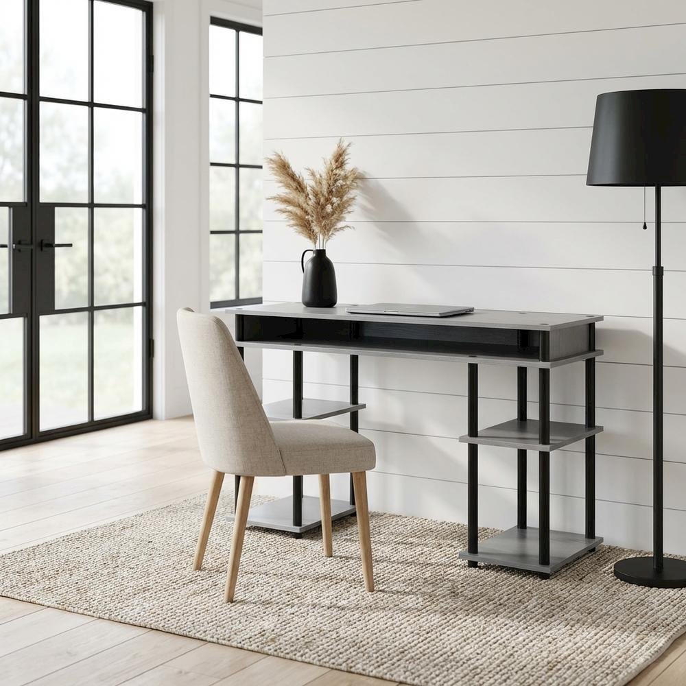 Contemporary Gray Office Desk With Melamine Overlayment And Steel Frame