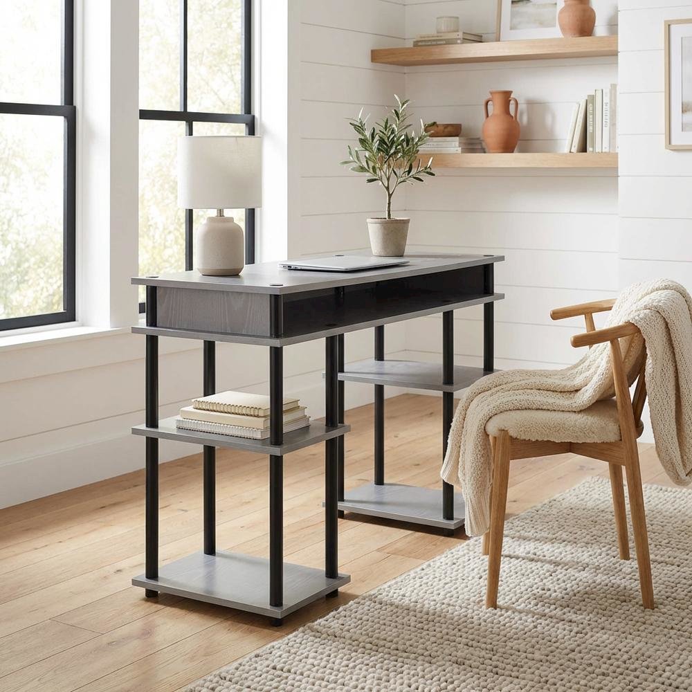 Contemporary Gray Office Desk With Melamine Overlayment And Steel Frame