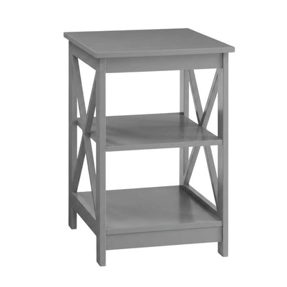Gray end table with storage shelves in transitional coastal style