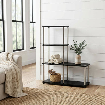 Multishelf L-Shaped Bookshelf with Melamine Veneer and Steel Poles
