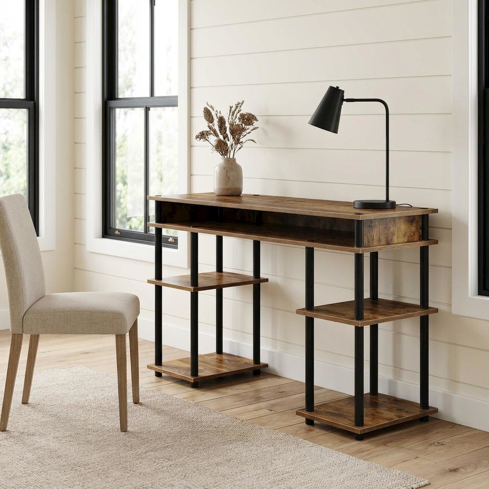 Wooden Student Desk, Shelves, Barnwood Finish, Melamine Surface, Steel Accents