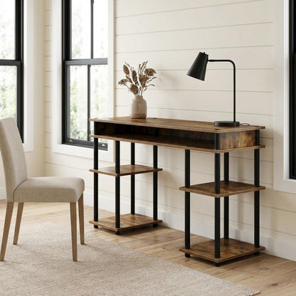 Wooden Student Desk, Shelves, Barnwood Finish, Melamine Surface, Steel Accents