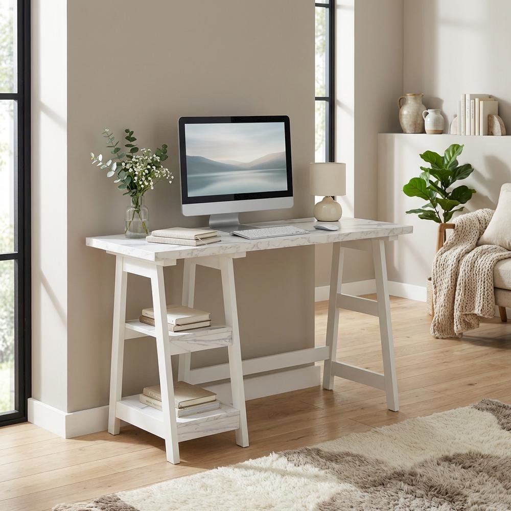White Faux Marble Trestle Desk With Shelves And Mdf Construction