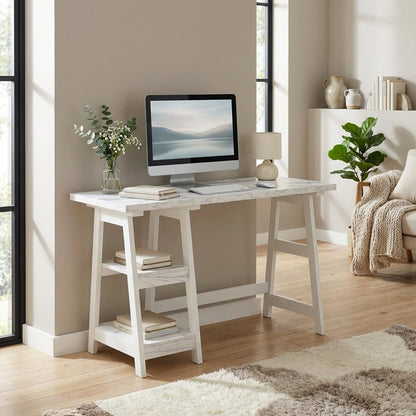 White Faux Marble Trestle Desk With Shelves And Mdf Construction