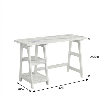 White Faux Marble Trestle Desk With Shelves And Mdf Construction