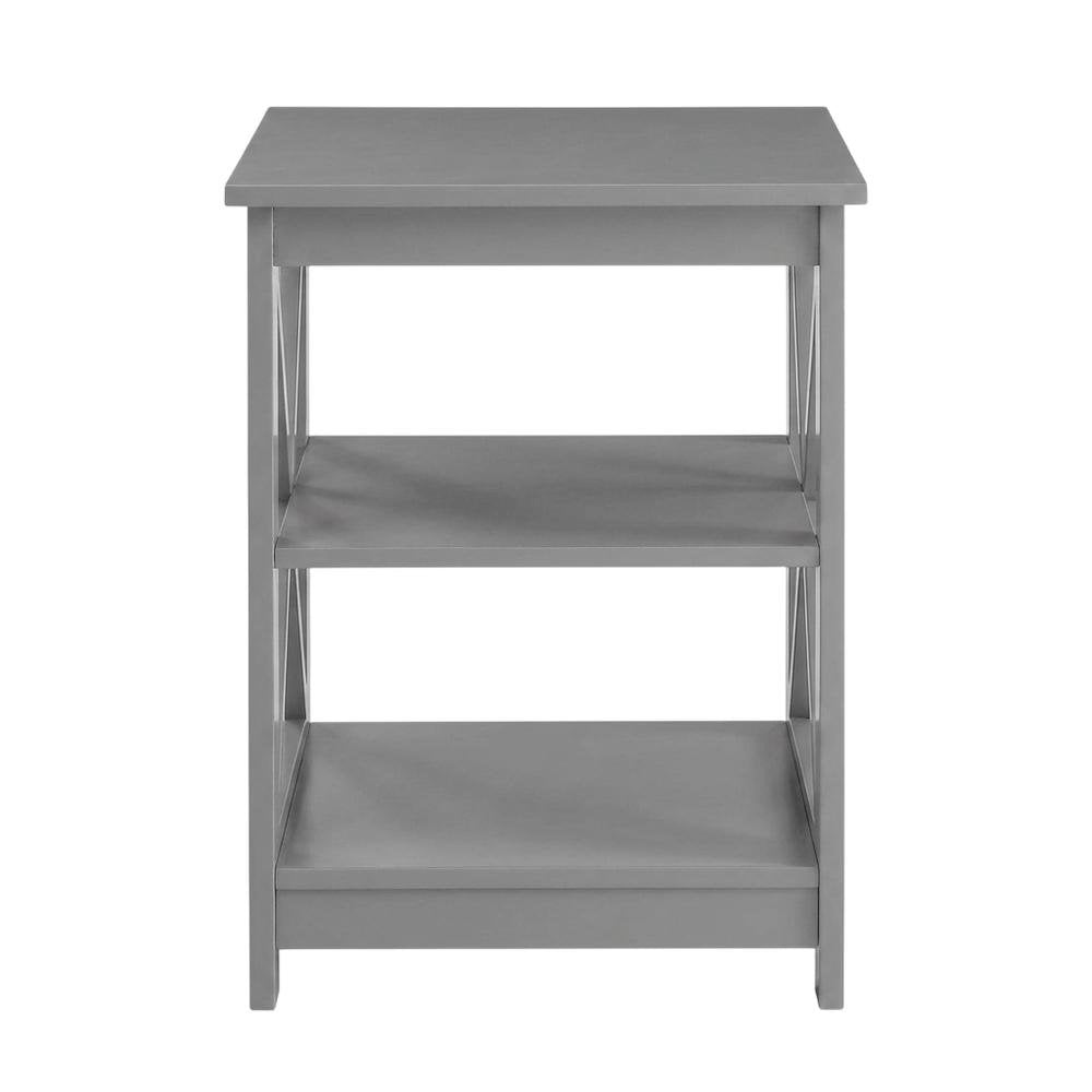 Gray end table with storage shelves in transitional coastal style