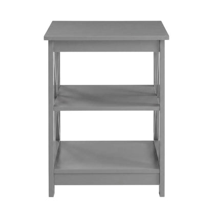 Gray end table with storage shelves in transitional coastal style