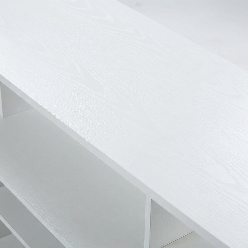 White TV stand with particle board and stainless steel accents, modern design