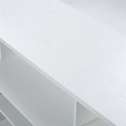 White TV stand with particle board and stainless steel accents, modern design
