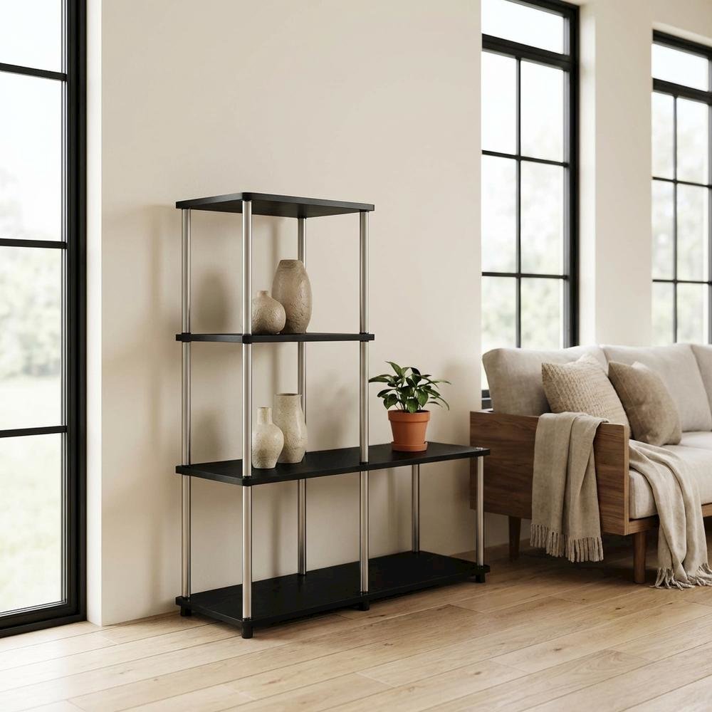 Multishelf L-Shaped Bookshelf with Melamine Veneer and Steel Poles