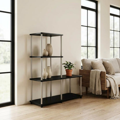 Multishelf L-Shaped Bookshelf with Melamine Veneer and Steel Poles