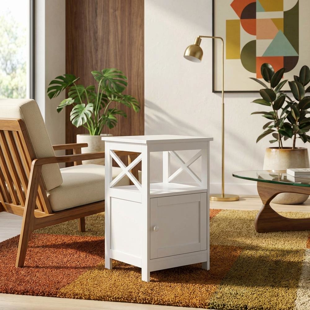 Black wooden end table with storage cabinet for living room or bedroom
