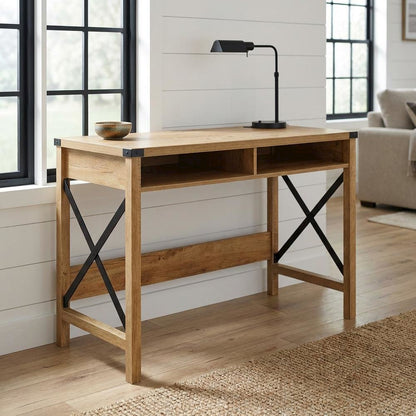 Sturdy Black And Oak Office Desk With Charging Station And Modern Design