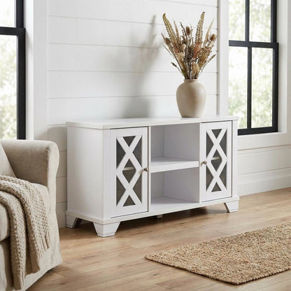 White TV stand with storage cabinets and open shelves for 55-inch TVs