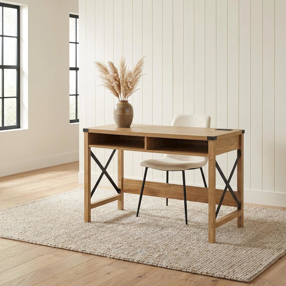 Sturdy Black And Oak Office Desk With Charging Station And Modern Design