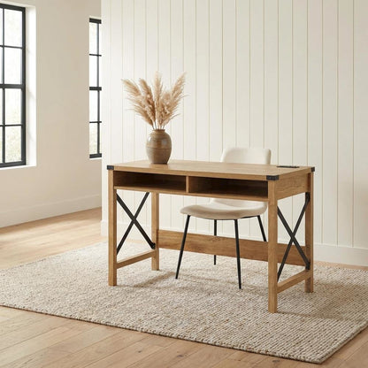 Sturdy Black And Oak Office Desk With Charging Station And Modern Design