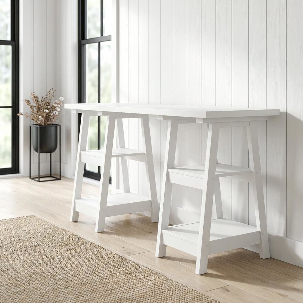 Durable Distressed Double Trestle Desk With Shelves For Office Spaces