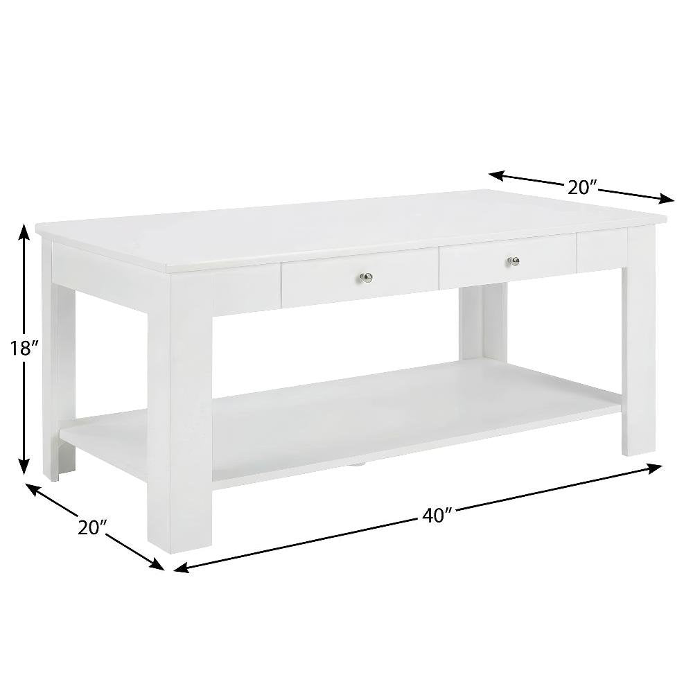 White Coffee Table with 2 Drawers and Shelf MDF Top Brushed Nickel Knobs