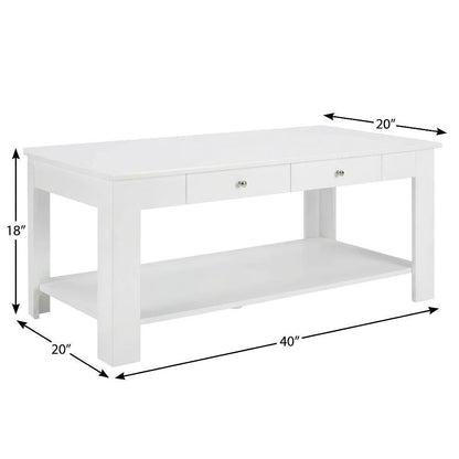 White Coffee Table with 2 Drawers and Shelf MDF Top Brushed Nickel Knobs