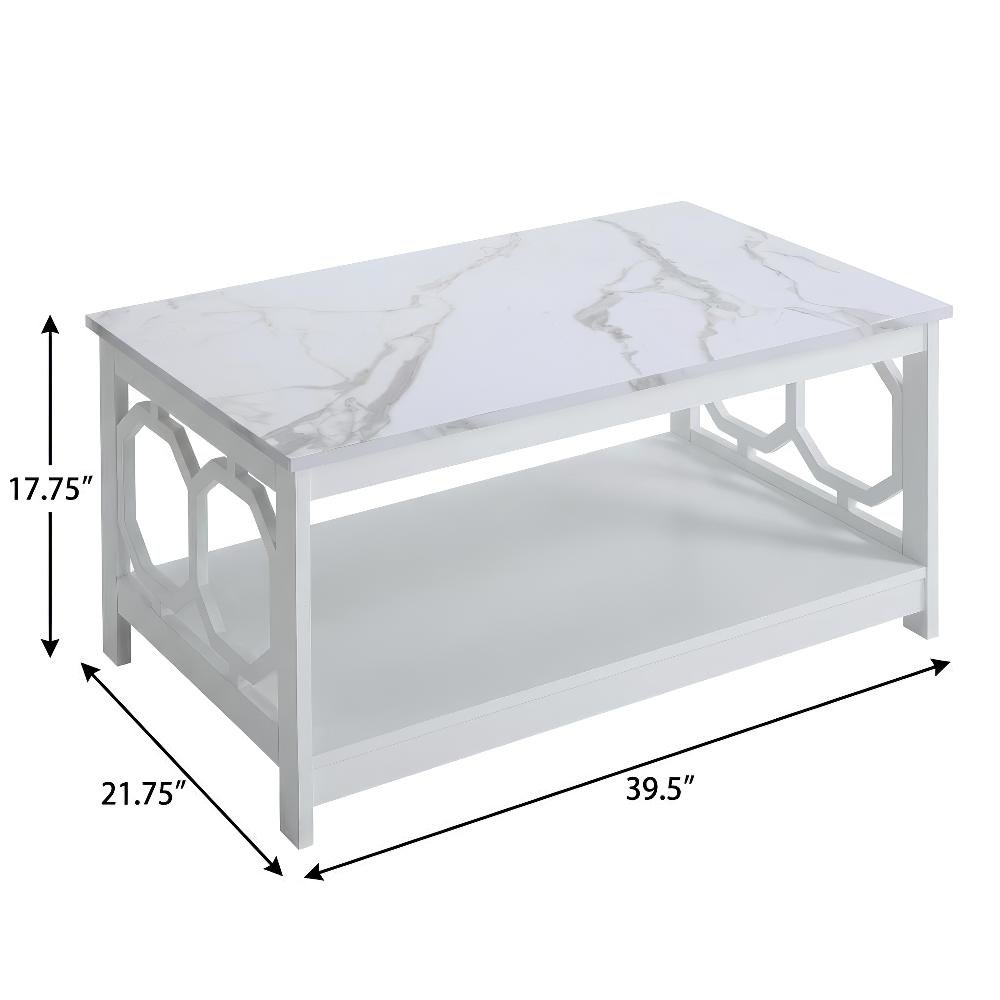 White Faux Marble Coffee Table with Shelf MDF Surface and Sturdy Design
