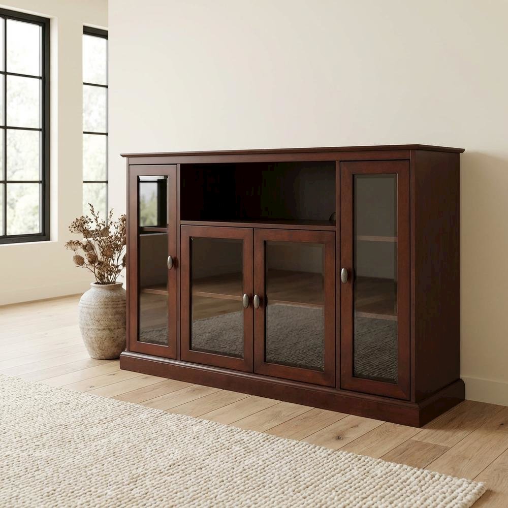 Espresso Highboy TV Stand with MDF and tempered glass for 55-inch TVs