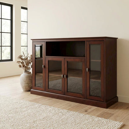 Espresso Highboy TV Stand with MDF and tempered glass for 55-inch TVs