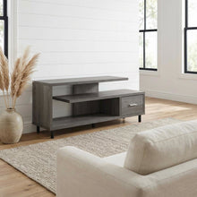 Gray TV stand with 1 drawer and shelves for 65-inch TVs, modern style