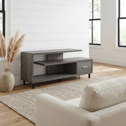 Gray TV stand with 1 drawer and shelves for 65-inch TVs, modern style