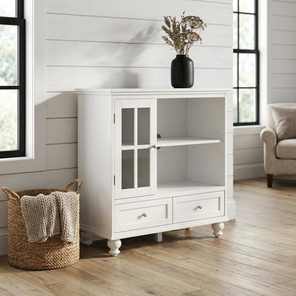 White Solid Wood Pine TV Stand with Ash Veneer and Tempered Glass accents