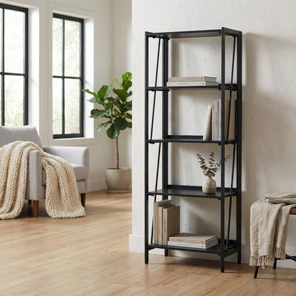 Black Folding 4 Tier Bookshelf with Particle Board and Melamine Finish