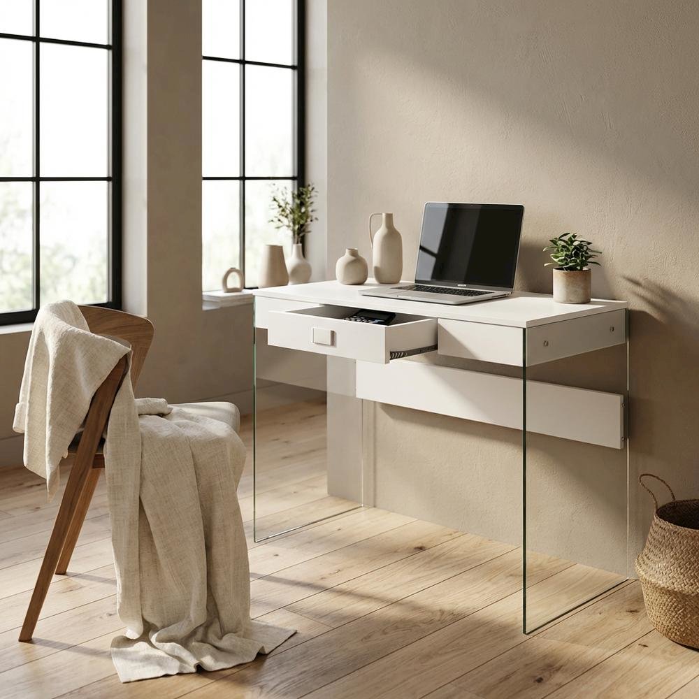 White Glass-Top Desk With Modern Contemporary Style