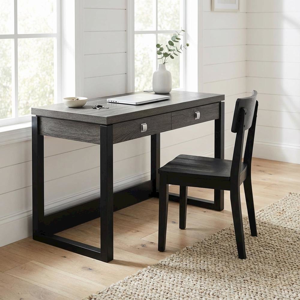Weathered Gray And Black 2 Drawer Desk With Charging Station For Home Office