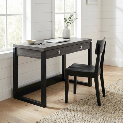 Weathered Gray And Black 2 Drawer Desk With Charging Station For Home Office