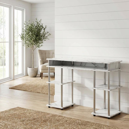 White Marble Student Desk, Integrated Charging Station For Efficient Workspace