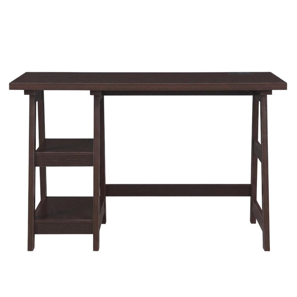 Espresso Trestle Desk With Built-In Charging Station For Office Workspace