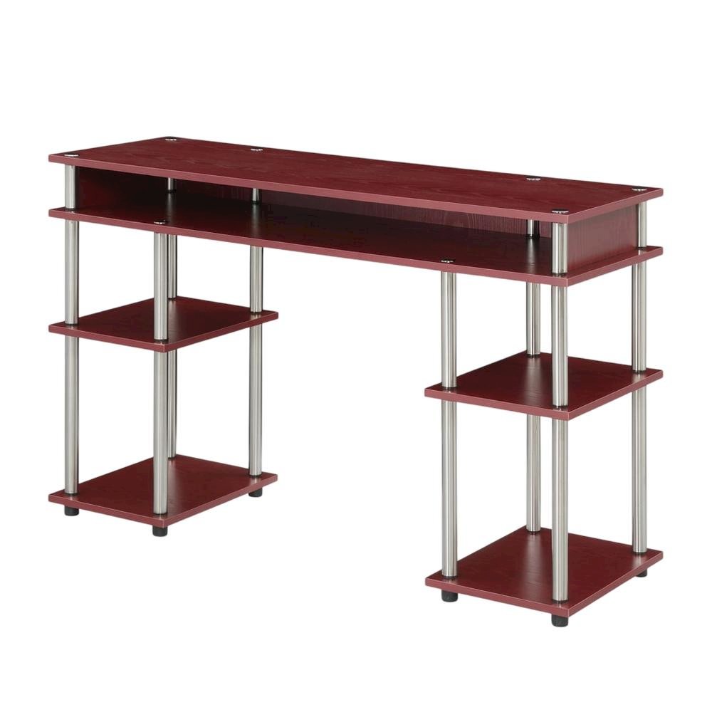 Wooden Student Desk, Shelves, Melamine Veneer And Steel Finish For Workspace