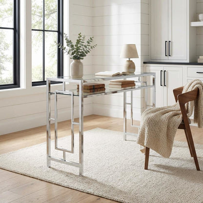 Contemporary Chrome Desk With Shelf And Clear Glass Surface