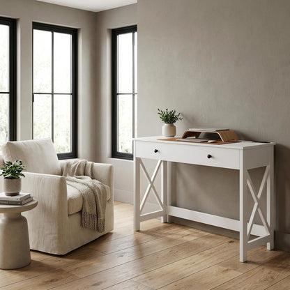 White Office Desk With Charging Station And Mdf Surface For Workspace