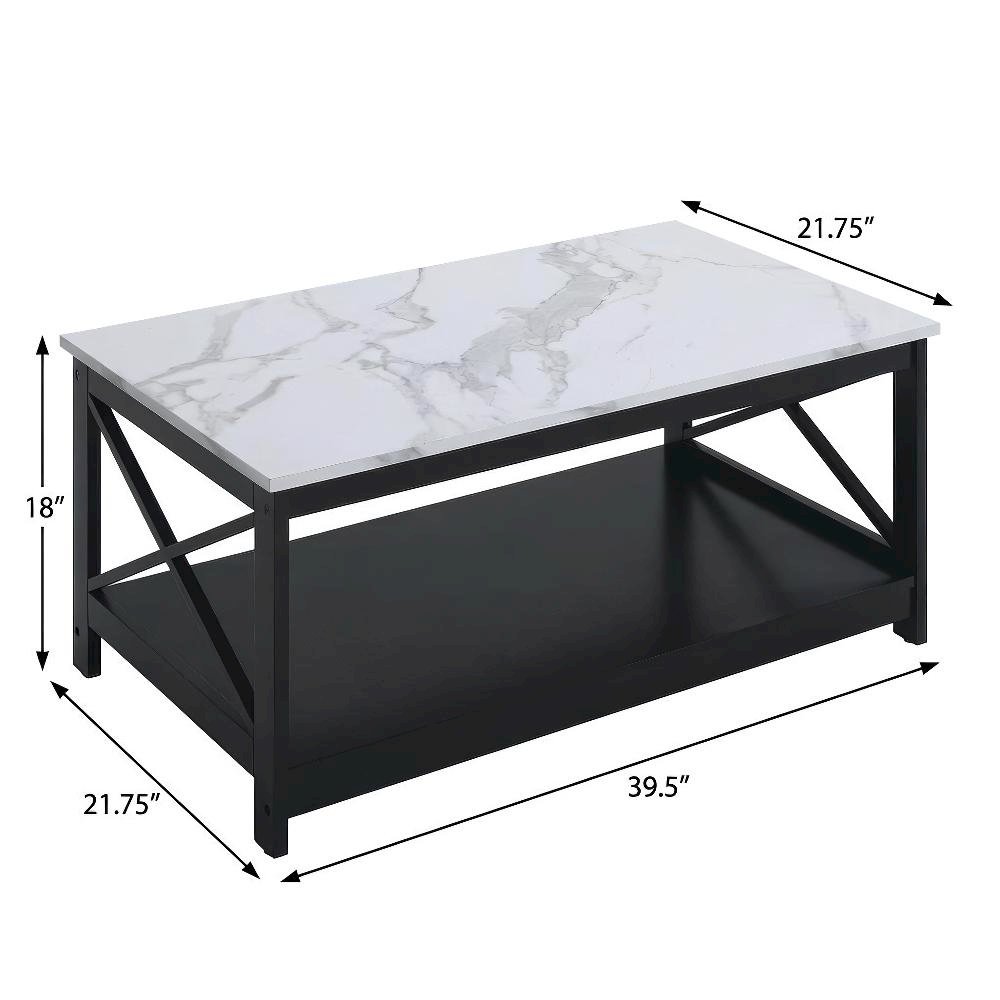 White Faux Marble Coffee Table with Black MDF Shelf and Sturdy Frame