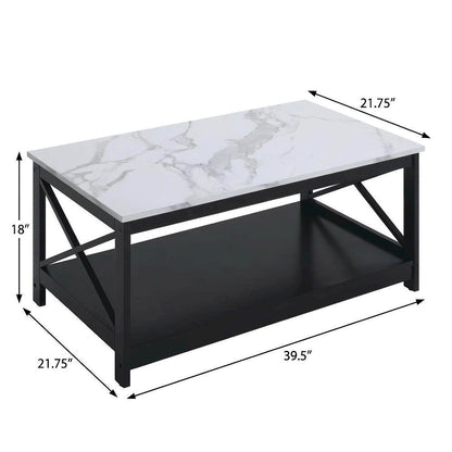 White Faux Marble Coffee Table with Black MDF Shelf and Sturdy Frame