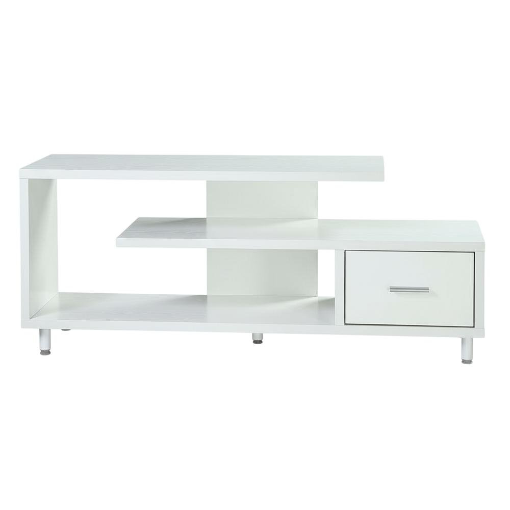 White 1-Drawer TV Stand with Shelves for TVs Up to 65 Inches, Contemporary Style
